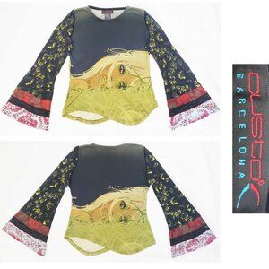 90s Custo Barcelona Womens Face Graphic Bell Sleeve Raver Boho Anime Shirt Top